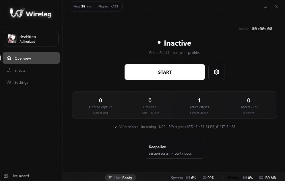 Wirelag Interface Screenshot